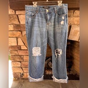 Liverpool Women's Distressed Boyfriend Crop Jeans with Crochet Patch Size 10